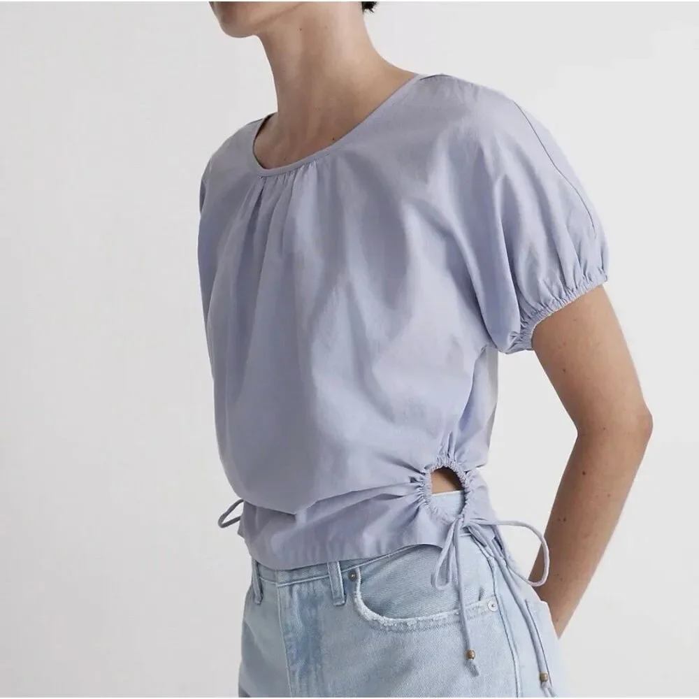 Madewell Cutout Drawstring Keyhole Poplin Puff Sleeve Crop Top Periwinkle Small